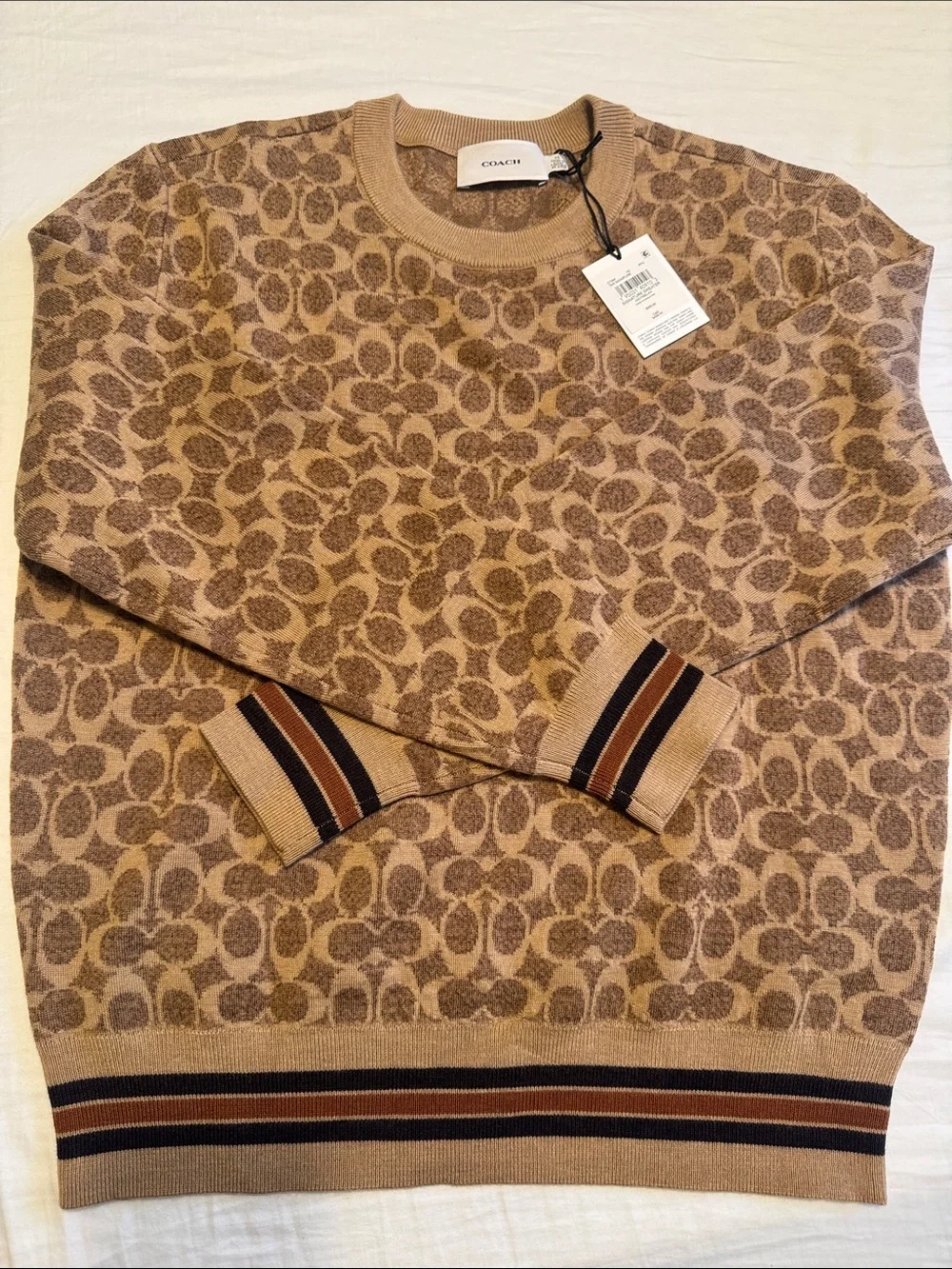 Coach Men’s Brown Monogram Crewneck Sweater with Striped Trim - Picture 3 of 3
